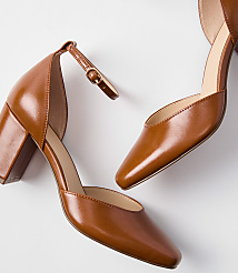 Two brown leather block heels with ankle straps are arranged on a plain white background. carousel Product Image 2