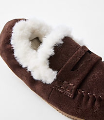 A brown suede slipper with white faux fur lining is shown against a plain white background. carousel Product Image 2