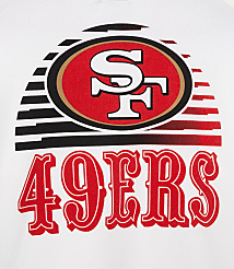 A white t-shirt features the San Francisco 49ers logo and team name in red and black, with a stylized striped background. carousel Product Image 3