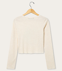 A cream-colored long-sleeved shirt hangs on a wooden hanger against a plain white background. carousel Product Image 2