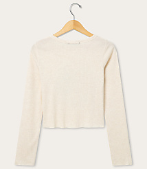 A cream-colored long-sleeved shirt hangs on a wooden hanger against a plain white background. carousel Product Image 2