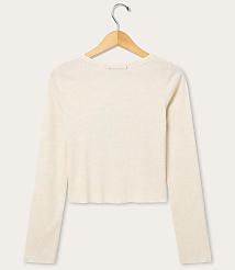 A cream-colored long-sleeved shirt hangs on a wooden hanger against a plain, light-colored background. carousel Product Image 2