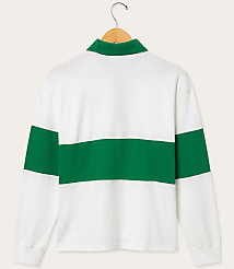 A white and green striped long-sleeved shirt hangs on a wooden hanger against a plain, light gray background. carousel Product Image 2