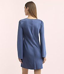 A woman in a blue satin dress with bell sleeves stands against a soft pink background. carousel Product Image 3
