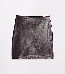 A dark brown, faux leather mini skirt with a textured finish lies flat against a plain white background. carousel Product Image 5