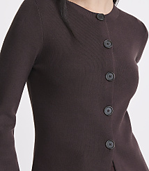 A close-up of a person wearing a dark brown, button-up cardigan with a plain background. carousel Product Image 4