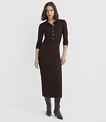 A woman in a brown ribbed midi dress and boots stands against a plain white background. carousel Product Image 1