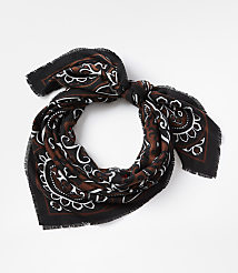 A black and brown paisley-patterned scarf with frayed edges is tied in a knot against a plain white background. carousel Product Image 1