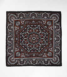 A square bandana with a detailed brown, black, and white paisley pattern is laid flat against a plain white background. carousel Product Image 2