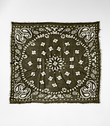 A dark green bandana with a white paisley pattern and frayed edges lies flat against a plain white background. carousel Product Image 2