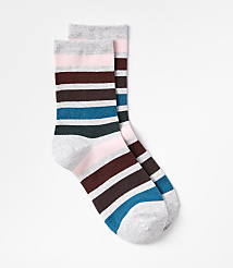 A pair of striped socks with pink, brown, teal, and gray bands rests on a plain white background. carousel Product Image 1
