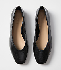 A pair of black leather ballet flats with a square toe sits on a plain white background. carousel Product Image 3