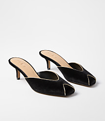 A pair of black velvet mules with gold trim are displayed on a plain white background. carousel Product Image 1