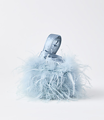 A fluffy, light blue, feather-covered handbag with a satin handle sits against a plain white background. carousel Product Image 1