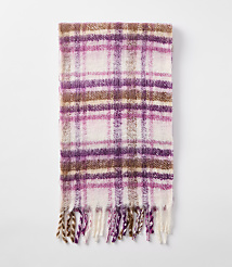 A fuzzy, plaid scarf with pink, purple, and brown stripes lies flat against a plain white background. carousel Product Image 2