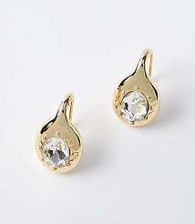 A pair of gold teardrop earrings with clear gemstones are displayed against a plain white background. carousel Product Image 1