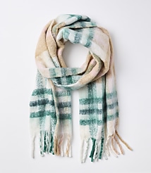 A soft, plaid scarf with fringe in pastel colors is laid out against a plain white background. carousel Product Image 1