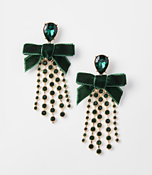 A pair of emerald green velvet bow earrings with dangling jeweled fringe are displayed against a plain white background. carousel Product Image 1