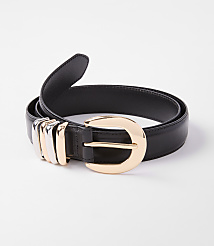 A black leather belt with a gold buckle and silver and gold accents rests on a white background. carousel Product Image 1