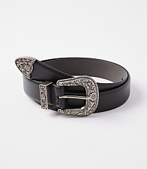 A black leather belt with ornate silver buckle and tip rests on a plain white background. carousel Product Image 1