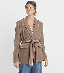 A woman in a taupe velvet blazer cinched with a matching belt stands against a plain white background. carousel Product Image 1