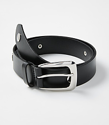 A black leather belt with a silver buckle is coiled on a plain white background. carousel Product Image 1