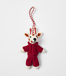 A small felted deer ornament wearing a red corduroy outfit hangs from a red and white string against a plain white background. carousel Product Image 1