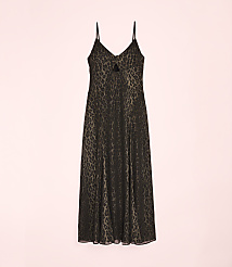 A black leopard-print slip dress hangs against a plain light pink background. carousel Product Image 4