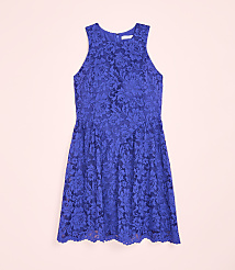 A royal blue lace dress is centered against a solid light pink background. carousel Product Image 4