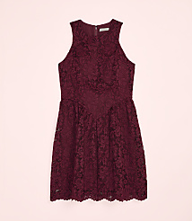 A burgundy lace dress is centered against a pale pink background. carousel Product Image 2