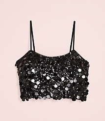 A black sequined crop top with thin straps is centered against a plain light pink background. carousel Product Image 2