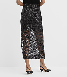 A person wearing a black sequined midi skirt and black heels stands against a plain white background. carousel Product Image 3