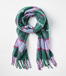 A green, purple, and pink plaid scarf is draped in a loop against a plain white background. carousel Product Image 1