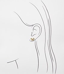 A gold bow-shaped earring is worn on the ear of a minimalist line drawing of a woman's profile against a plain white background. carousel Product Image 2