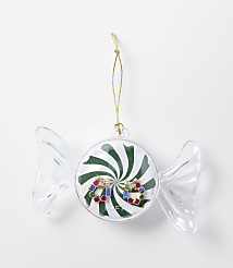 A candy-shaped Christmas ornament with a green and white peppermint design and colorful jewels sits against a plain white background. carousel Product Image 1