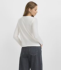 A woman wearing a white long-sleeved shirt and dark grey wide-leg trousers stands against a plain white background. carousel Product Image 4