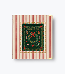 A holiday recipe archive folio with a festive wreath design sits centered against a red and white striped background. carousel Product Image 1