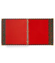 An open red binder with gold rings and a patterned border sits against a plain white background. carousel Product Image 6