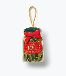 A pickle jar ornament with a red bow sits centered against a plain white background. carousel Product Image 1