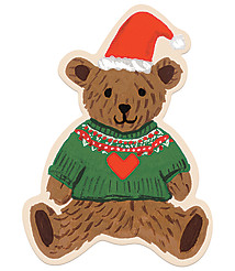 A brown teddy bear wearing a red Santa hat and a green sweater with a red heart sits against a plain white background. carousel Product Image 1