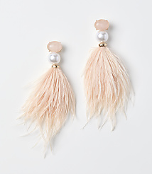 Two pale pink feather earrings with pearl and gemstone accents are set against a plain white background. carousel Product Image 1