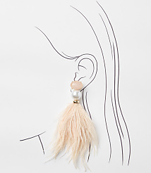 A peach-colored feather earring with a pearl and gemstone is positioned against a minimalist line drawing of a woman's profile on a white background. carousel Product Image 2