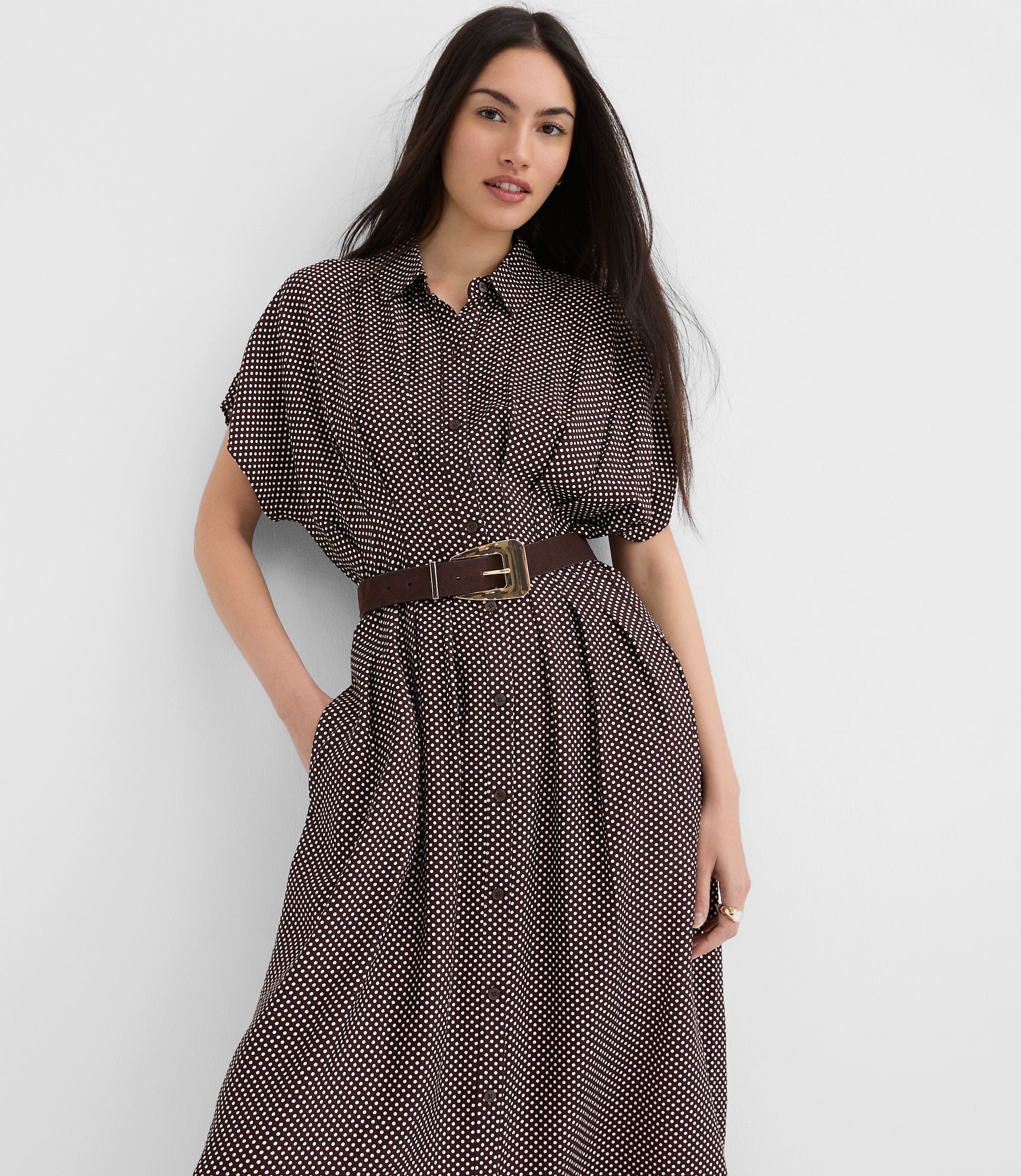 【P.h.D.】Pin Dot Pleated Long Dress Pindot Pleated Midi Pocket Shirtdress