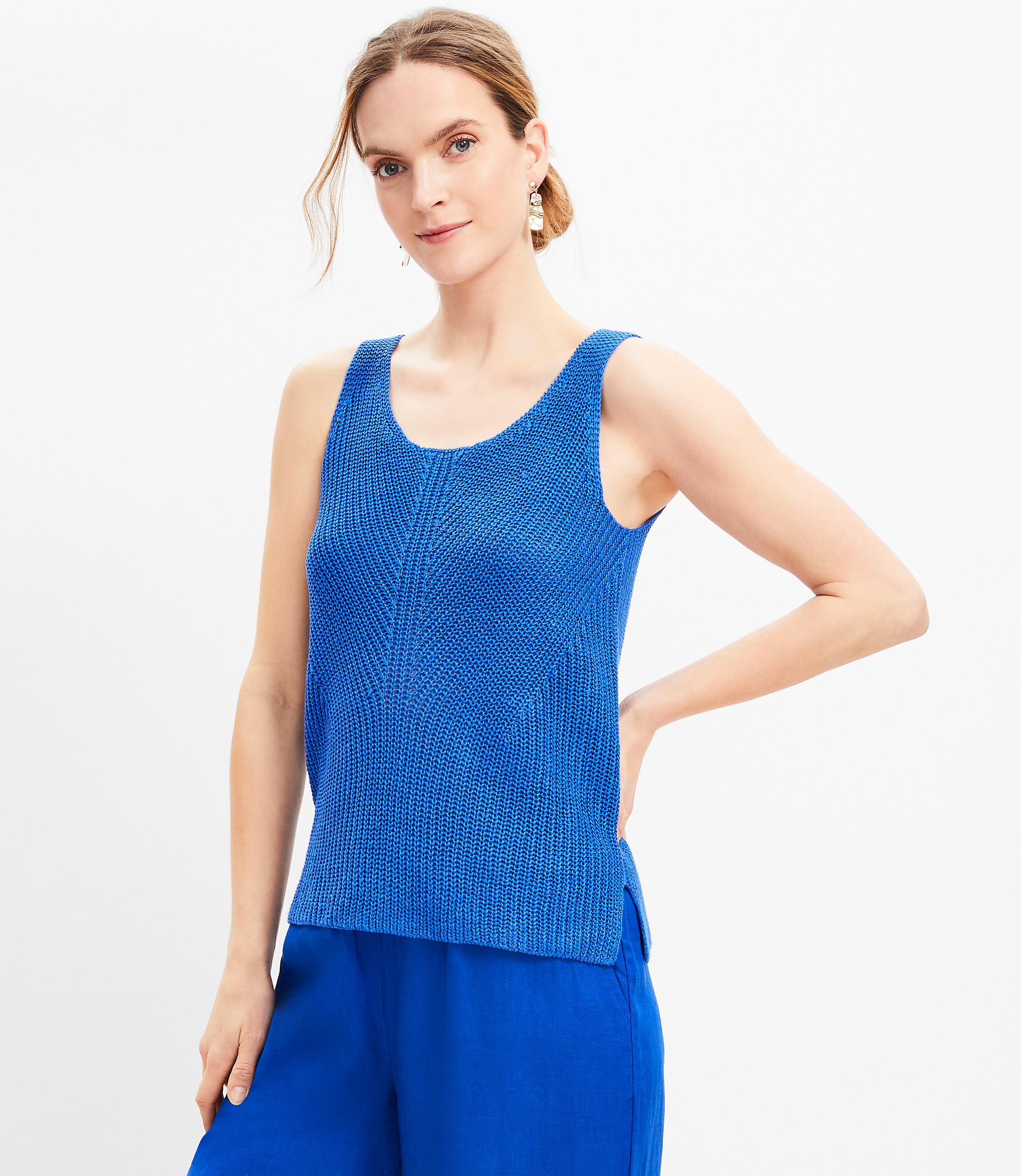 Ribbed Linen Scoop Neck Sweater Tank Top