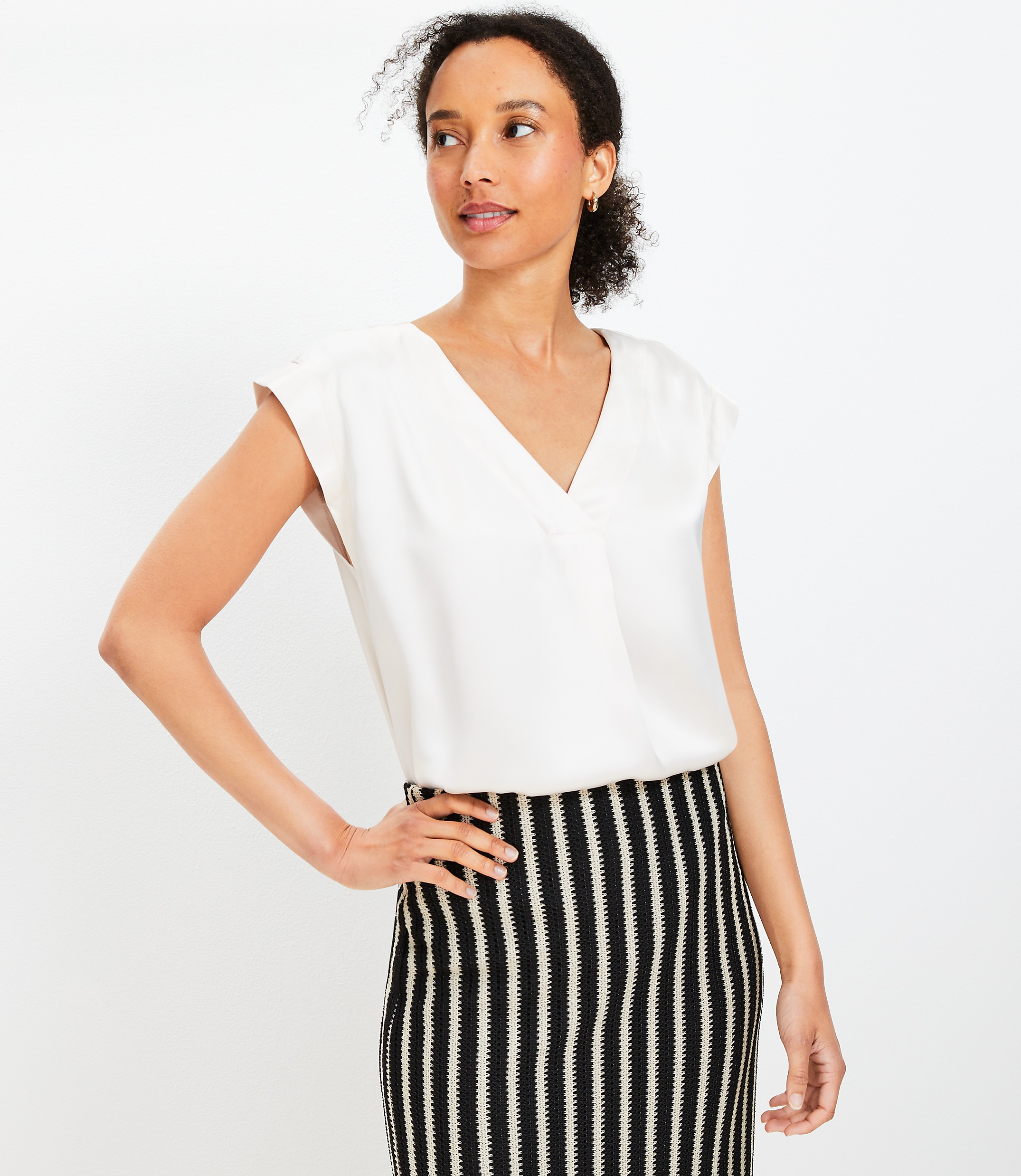Satin Cap Sleeve V-Neck Top