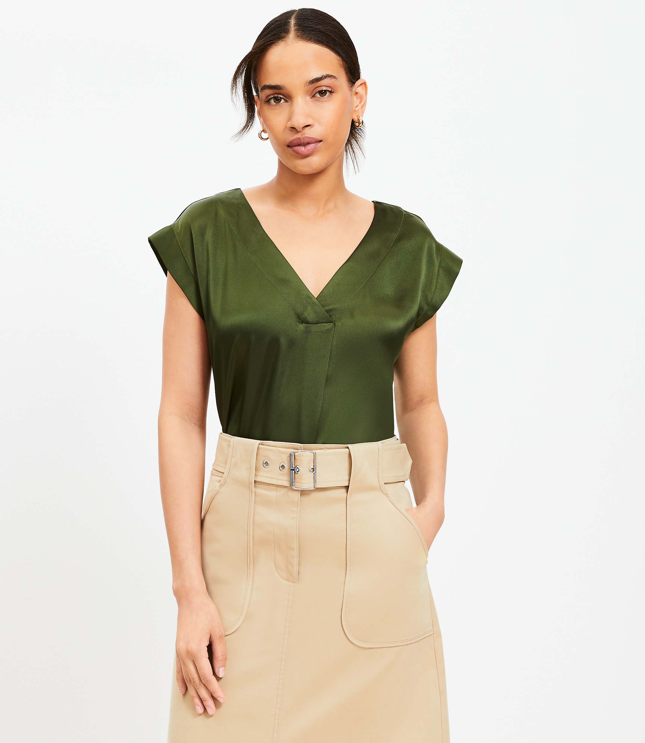 Satin Cap Sleeve V-Neck Top