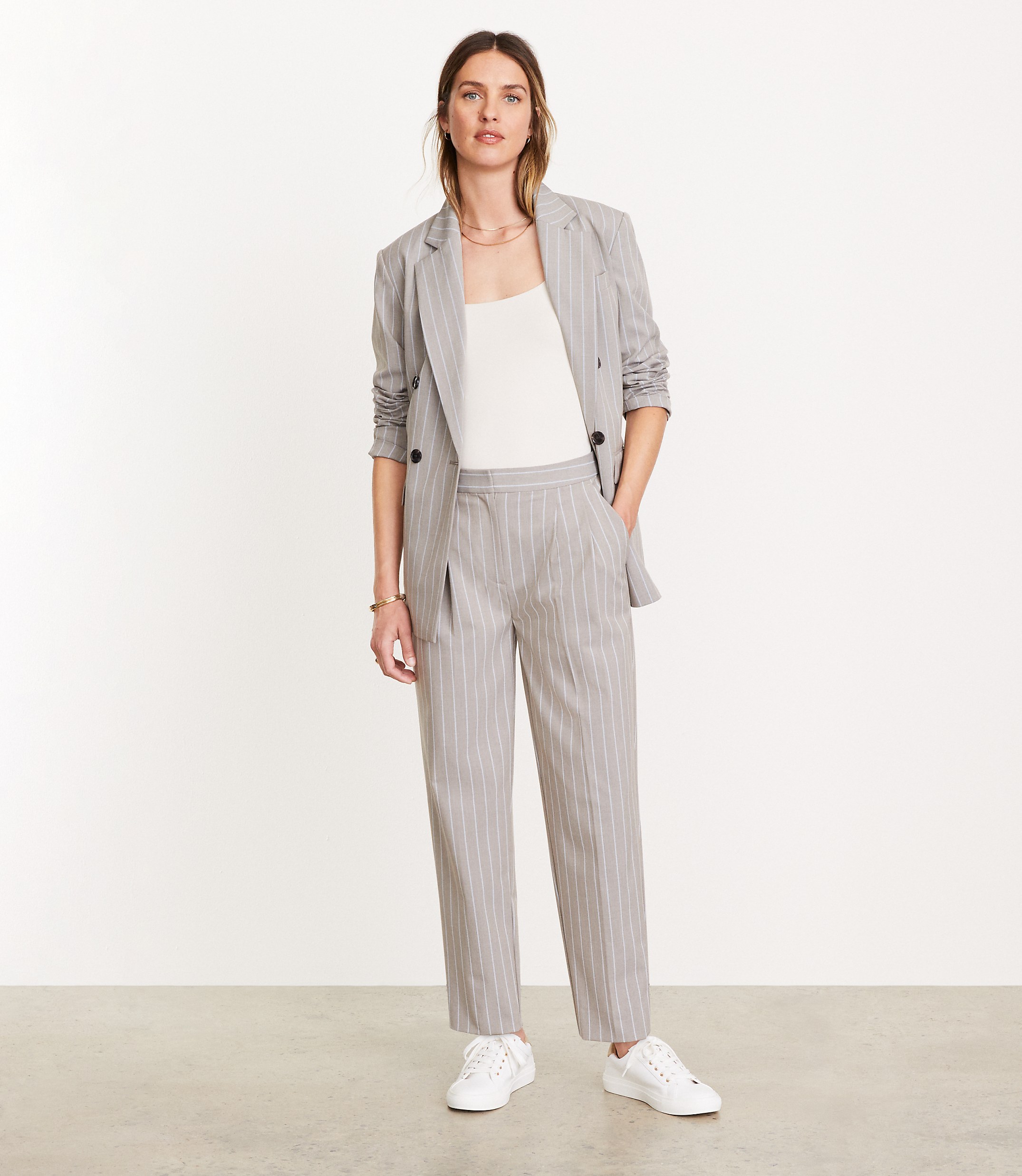 Petite LOFT Versa Seasonless Stretch Double Pleat Taper Pant in Stripe