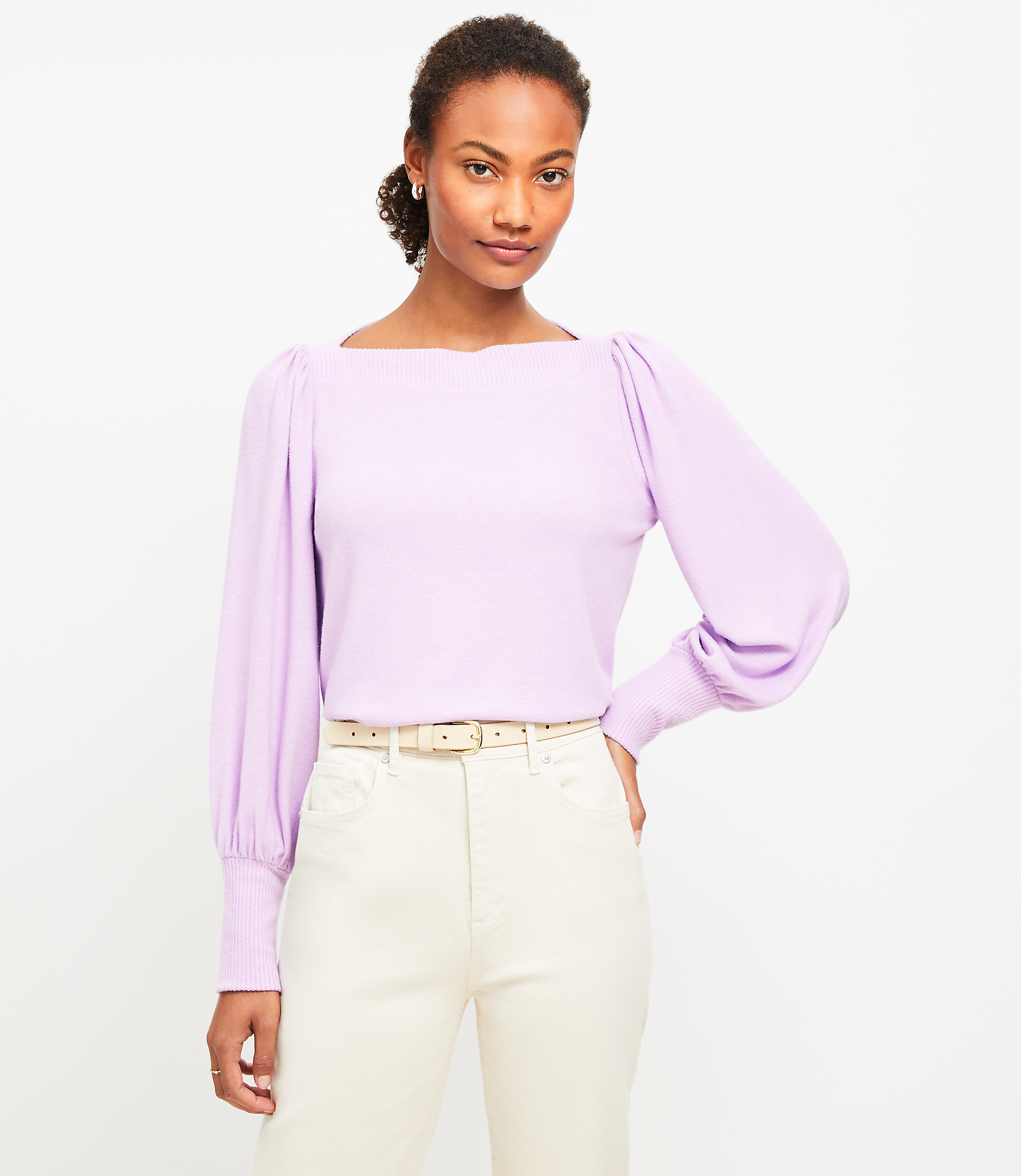 Heathered Puff Sleeve Boatneck Top