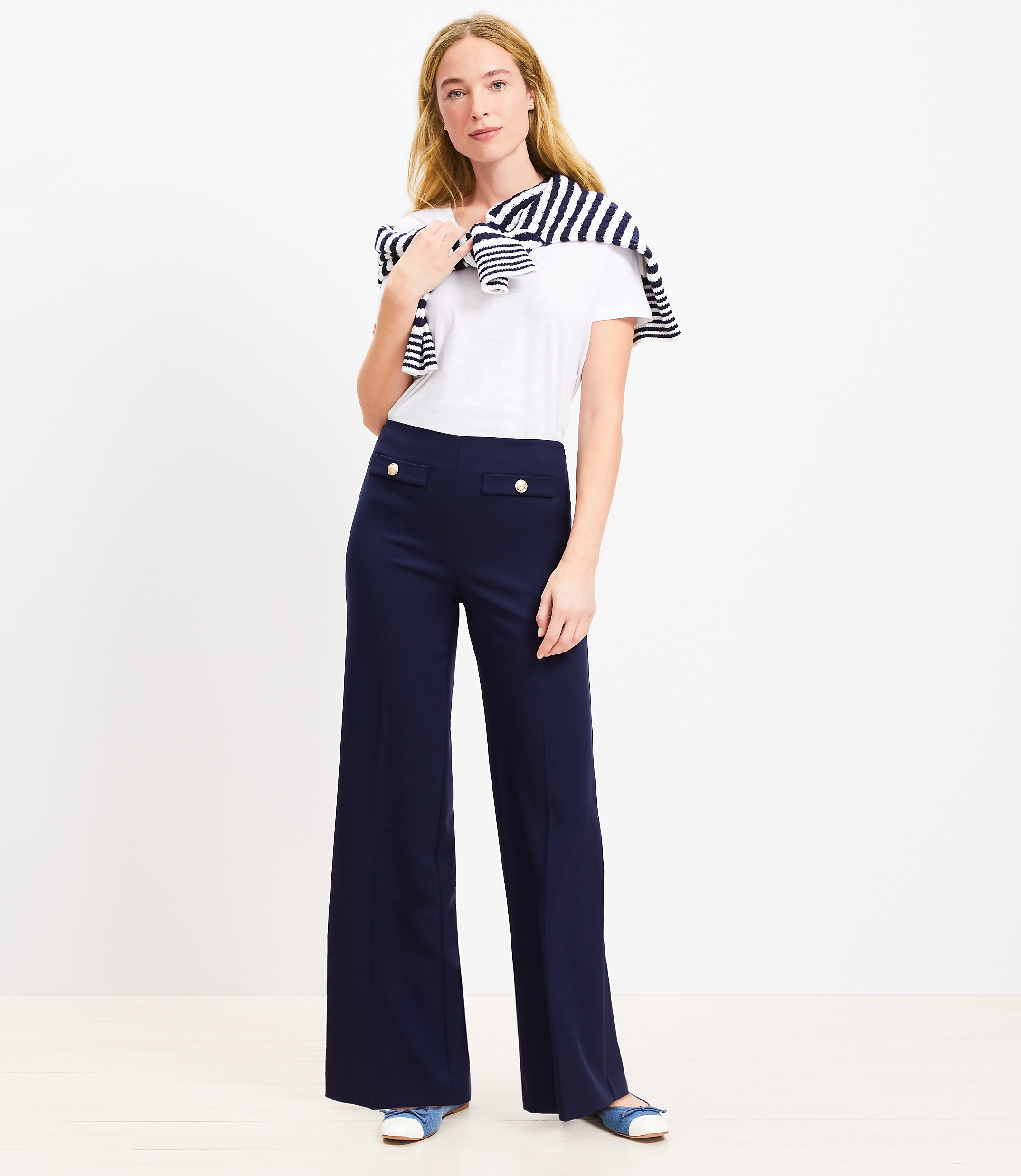 Button Trim Wide Leg Pants in Twill