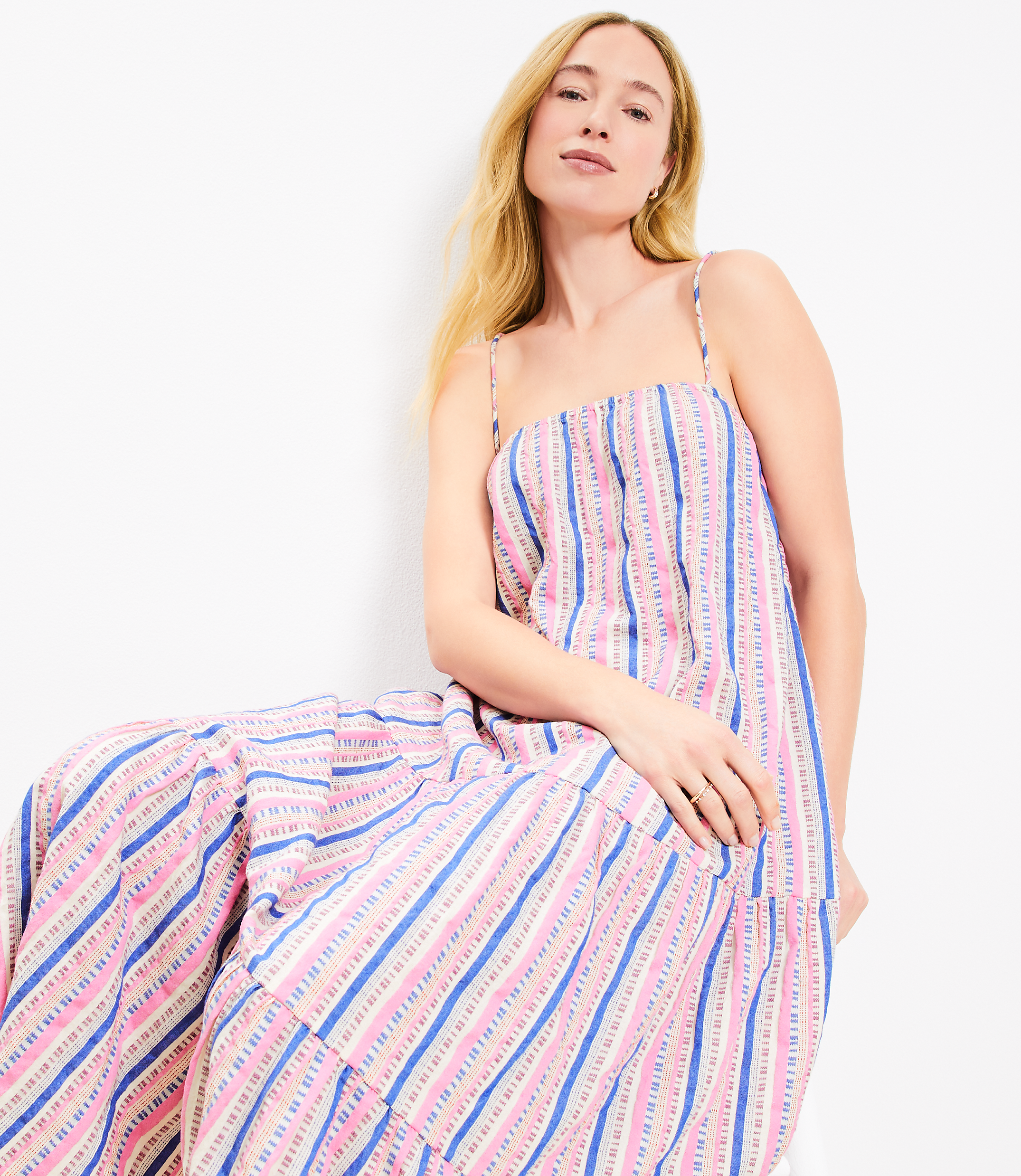LOFT Beach Dobby Stripe Square Neck Tiered Maxi Dress
